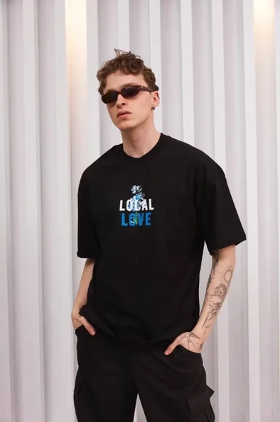 Unisex Bisiklet Yaka Baskılı Oversize T-Shirt - Siyah ürün görseli