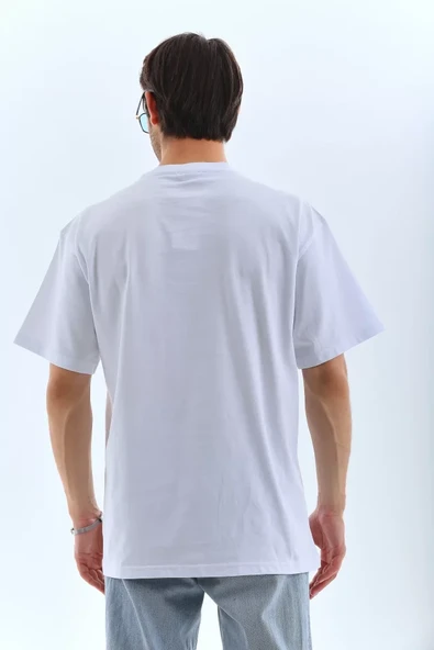 Unisex Oversize Taşlı Bisiklet Yaka T-Shirt - Beyaz - Resim 2