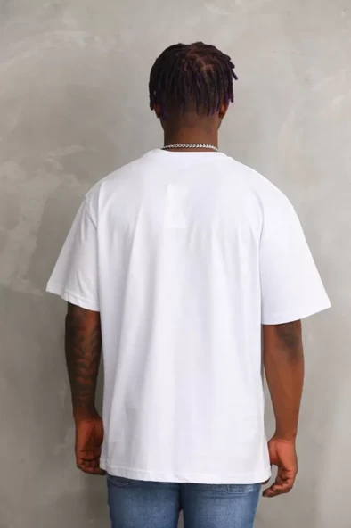Unisex Baskılı Oversize T-Shirt - Beyaz - Resim 2