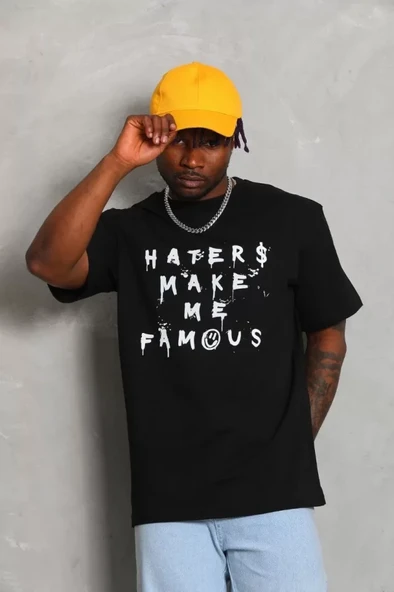 Unisex Oversize Baskılı Bisiklet Yaka T-Shirt - Siyah - Resim 2