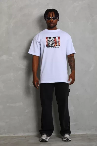 Unisex Oversize Baskılı Bisiklet Yaka T-Shirt - Beyaz - Resim 4