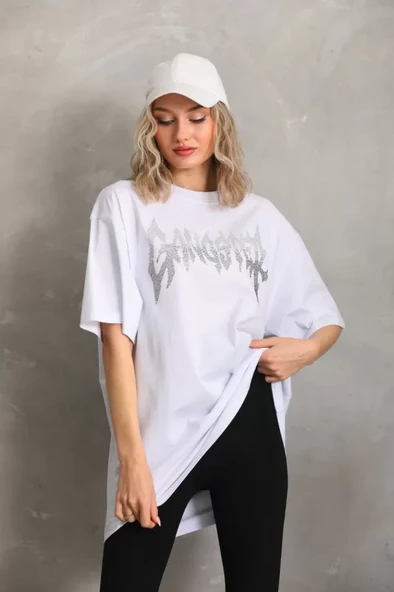 Unisex Taş Desenli Oversize T-Shirt - Beyaz ürün görseli