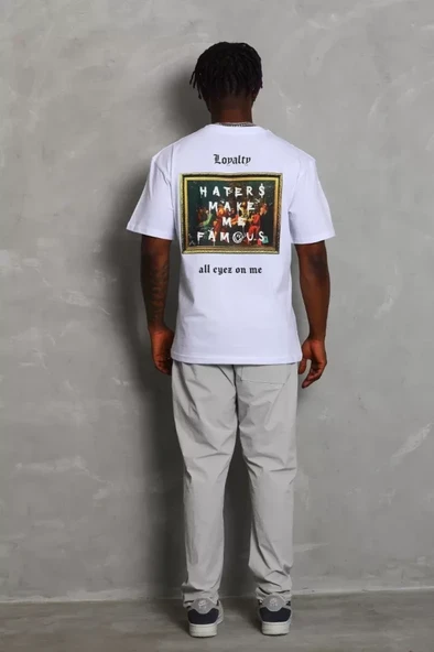 Unisex Oversize Baskılı Bisiklet Yaka T-Shirt - Beyaz - Resim 3