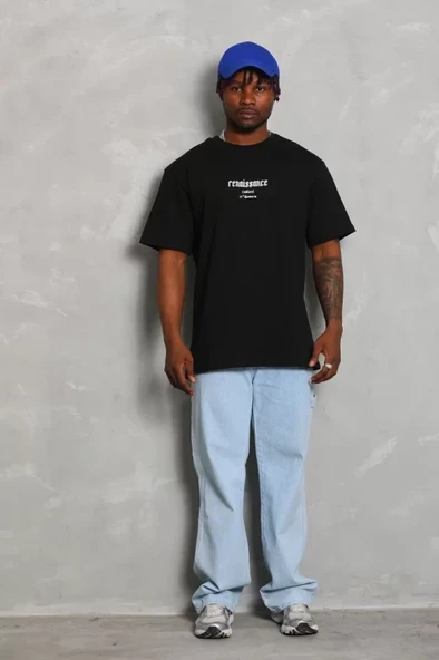 Unisex Oversize Baskılı Bisiklet Yaka T-Shirt - Siyah - Resim 3