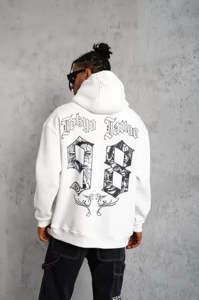 Erkek 98 Baskılı Kapşonlu Sweat - Beyaz - Resim 2