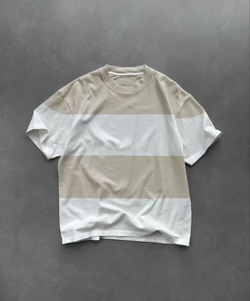 Unisex Bisiklet Yaka Parçalı T-Shirt - Bej ürün görseli