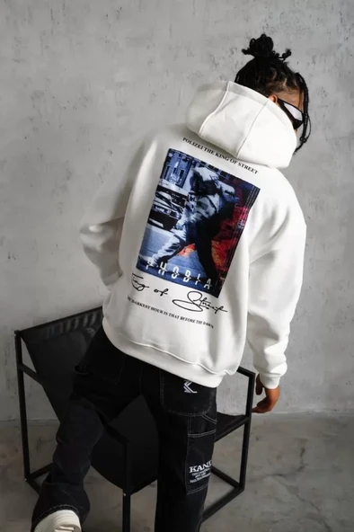 Erkek Astronot Baskılı Kapüşonlu Sweat - Beyaz - Resim 4