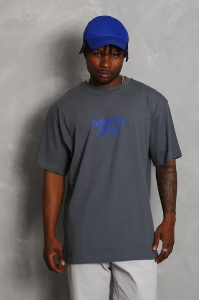 Unisex Oversize Baskılı Bisiklet Yaka T-Shirt - Füme - Resim 4