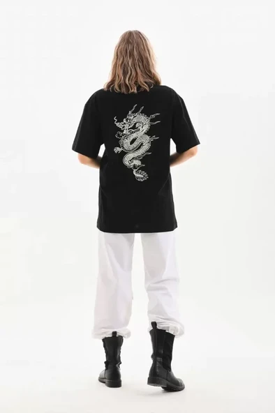 Unisex Baskılı Oversize T-Shirt - Siyah - Resim 3