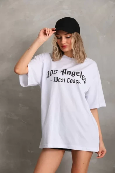 Unisex Baskılı Oversize T-Shirt - Beyaz ürün görseli