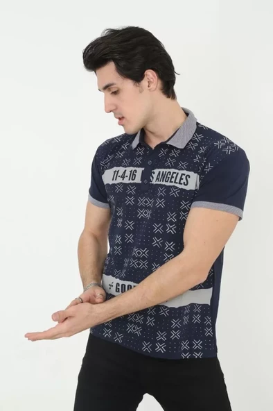 Erkek Yakalı Slim Fit Baskılı T-Shirt - Lacivert - Resim 3