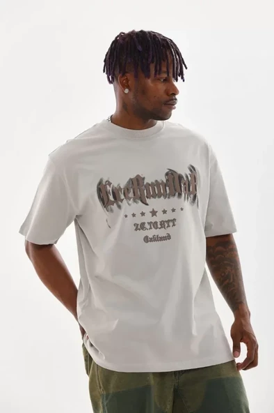 Unisex Baskılı Oversize T-Shirt - Gri - Resim 3