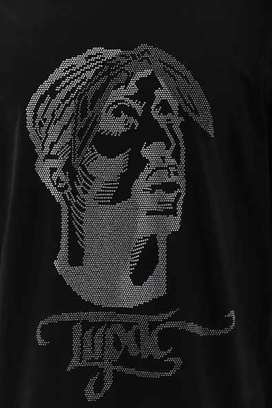 Unisex Oversize Taşlı Bisiklet Yaka T-Shirt - Siyah - Resim 3