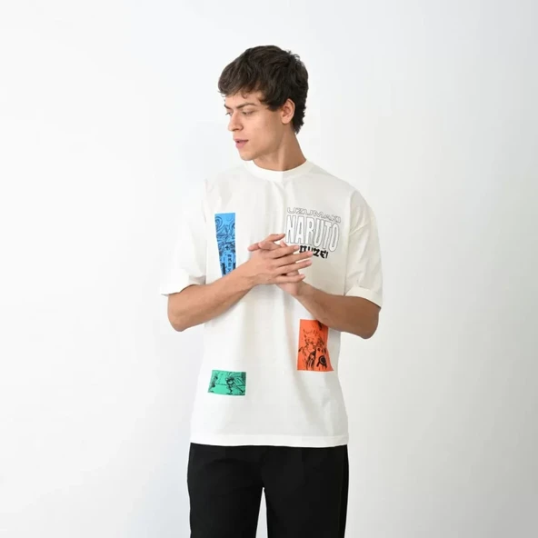 Unisex Bisiklet Yaka Baskılı Oversize T-Shirt - Beyaz - Resim 2