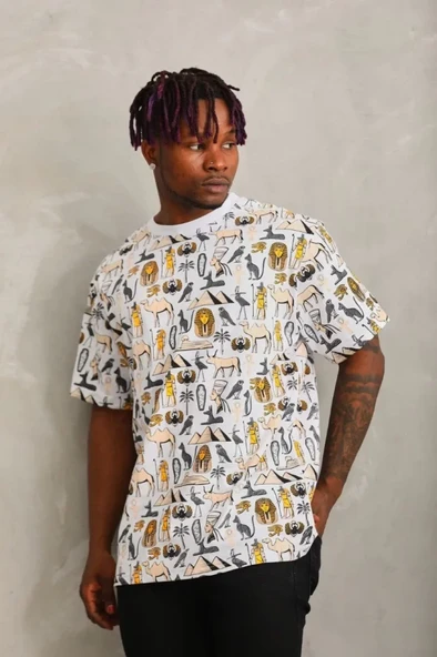 Unisex Oversize Baskılı Bisiklet Yaka T-Shirt - Beyaz ürün görseli