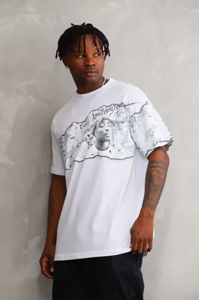 Unisex Bisiklet Yaka Baskılı Oversize T-Shirt - Beyaz - Resim 2