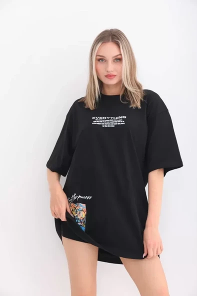 Unisex Bisiklet Yaka Baskılı Oversize T-Shirt - Siyah ürün görseli
