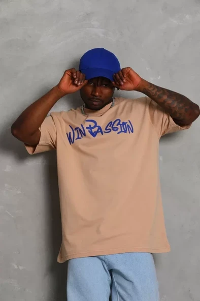 Unisex Oversize Baskılı Bisiklet Yaka T-Shirt - Bej - Resim 4