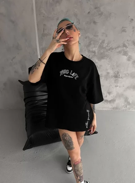 Unisex Baskılı Oversize T-Shirt - Siyah - Resim 2