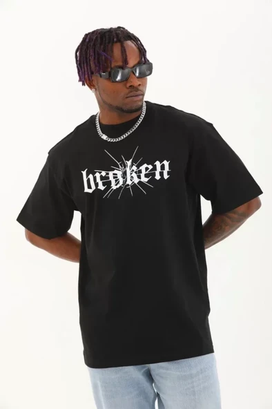 Unisex Oversize Baskılı Bisiklet Yaka T-Shirt - Siyah - Resim 2