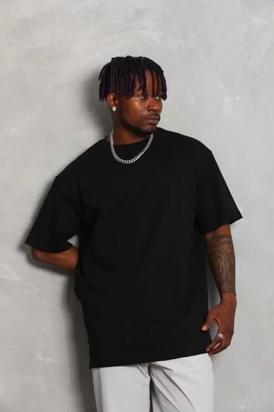 Unisex Oversize Düz Bisiklet Yaka T-Shirt - Siyah - Resim 3