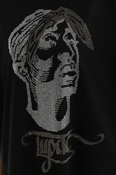 Unisex Taş Desenli Oversize T-Shirt - Siyah - Resim 2