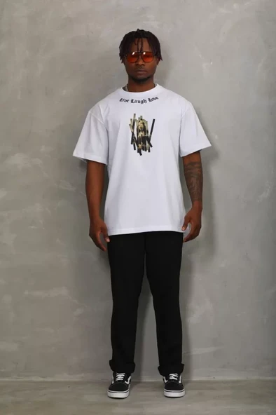 Unisex Oversize Baskılı Bisiklet Yaka T-Shirt - Beyaz - Resim 4