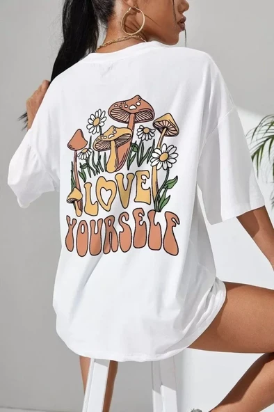 Unisex Baskılı Oversize T-Shirt - Beyaz ürün görseli