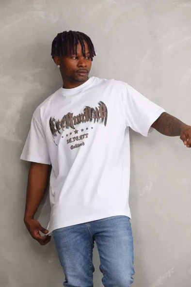 Unisex Baskılı Oversize T-Shirt - Beyaz ürün görseli