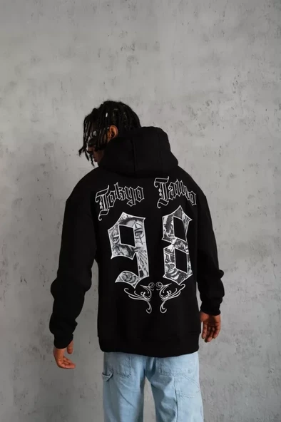 Erkek 98 Baskılı Kapşonlu Sweat - Siyah - Resim 4