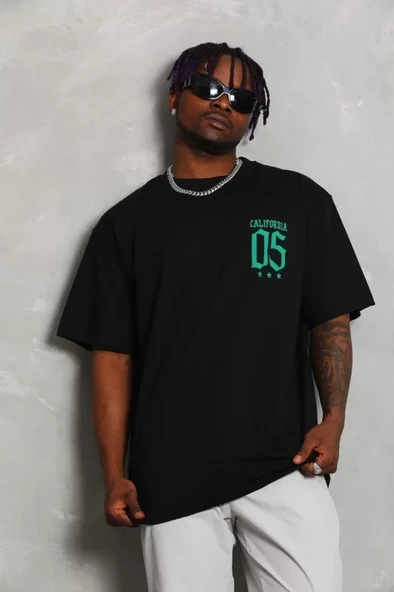 Unisex Oversize Baskılı Bisiklet Yaka T-Shirt - Siyah - Resim 2