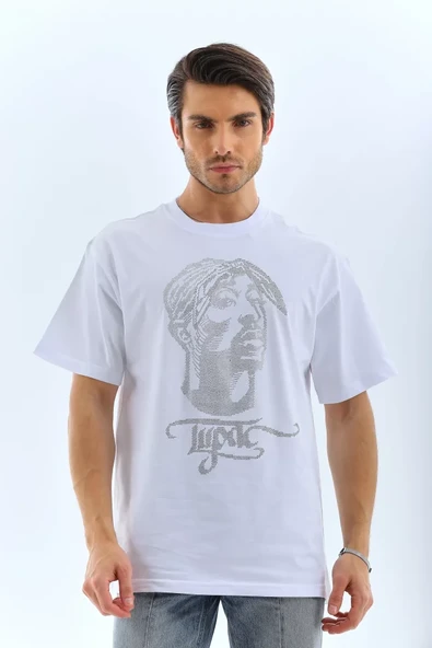 Unisex Oversize Taşlı Bisiklet Yaka T-Shirt - Beyaz ürün görseli