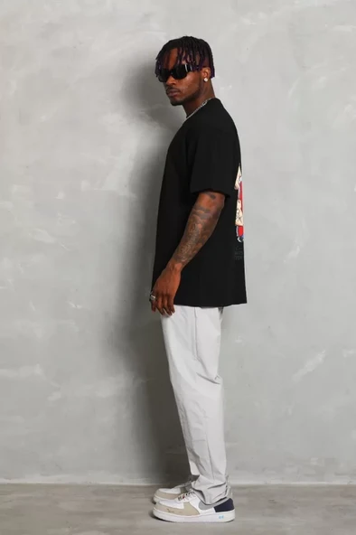 Unisex Oversize Baskılı Bisiklet Yaka T-Shirt - Siyah - Resim 4