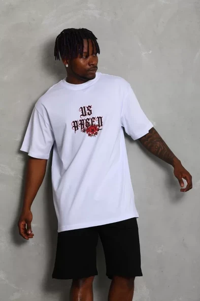 Unisex Oversize Baskılı Bisiklet Yaka T-Shirt - Beyaz - Resim 4