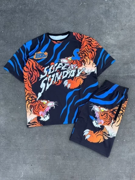 Erkek Dijital Baskılı Şortlu Takım - Mavi ürün görseli