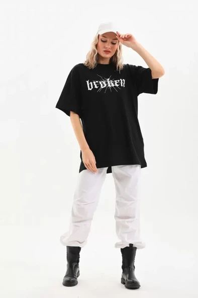 Unisex Baskılı Oversize T-Shirt - Siyah - Resim 3