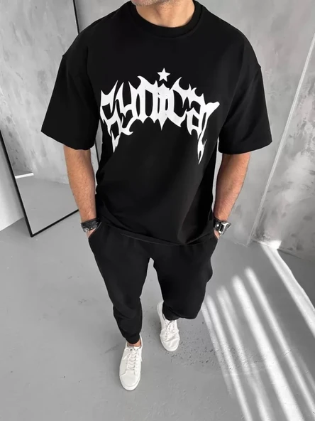 Unisex Bisiklet Yaka Baskılı Oversize T-Shirt - Siyah ürün görseli