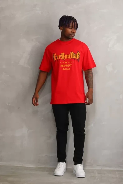 Unisex Baskılı Oversize T-Shirt - Kırmızı - Resim 3