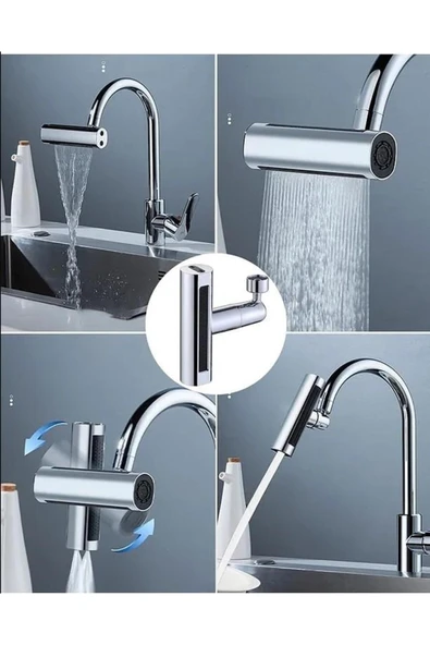Krom Tasarruflu 4 Modlu Ayarlanabilir Musluk Başlığı Lavabo Batarya Fiskiye Ucu Perlatör - 5