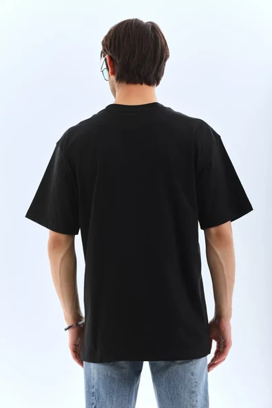 Unisex Oversize Taşlı Bisiklet Yaka T-Shirt - Siyah - Resim 2