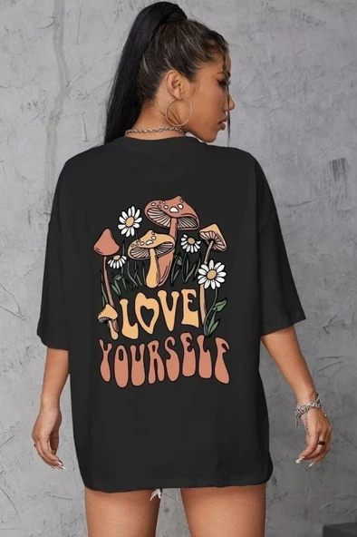 Unisex Baskılı Oversize T-Shirt - Siyah ürün görseli