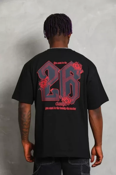 Unisex Oversize Baskılı Bisiklet Yaka T-Shirt - Siyah - Resim 4