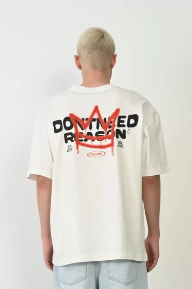 Unisex Baskılı Bisiklet Yaka Oversize T-Shirt - Beyaz - Resim 2