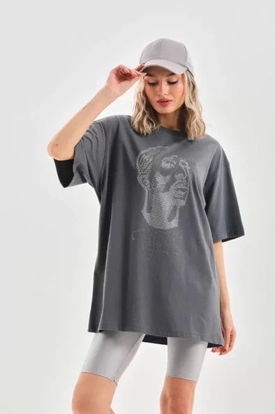 Unisex Taş Desenli Oversize T-Shirt - Füme - Resim 4