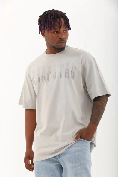 Unisex Oversize Taşlı Bisiklet Yaka T-Shirt - Gri ürün görseli