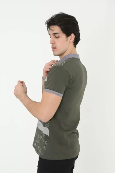 Erkek Yakalı Slim Fit Baskılı T-Shirt - Haki - Resim 3
