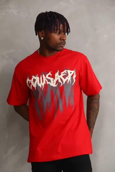 Unisex Baskılı Oversize T-Shirt - Kırmızı - Resim 4