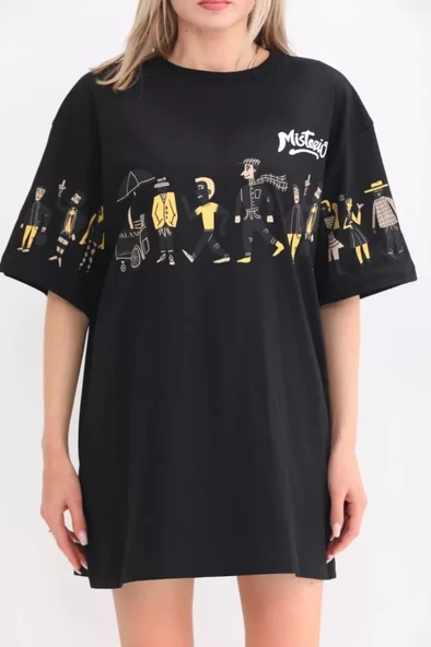 Unisex Bisiklet Yaka Baskılı Oversize T-Shirt - Siyah - Resim 3