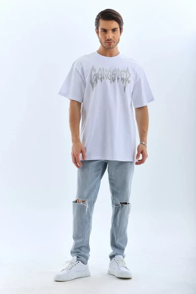 Unisex Oversize Taşlı Bisiklet Yaka T-Shirt - Beyaz ürün görseli