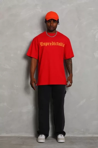 Unisex Oversize Baskılı Bisiklet Yaka T-Shirt - Kırmızı ürün görseli